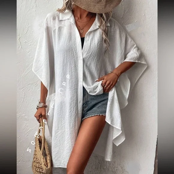 Boho Kimono Sleeve Button Down Shirt Dress Beach Swim Cover Up White | Color: White | Size: 10 | Shah2122's Closet